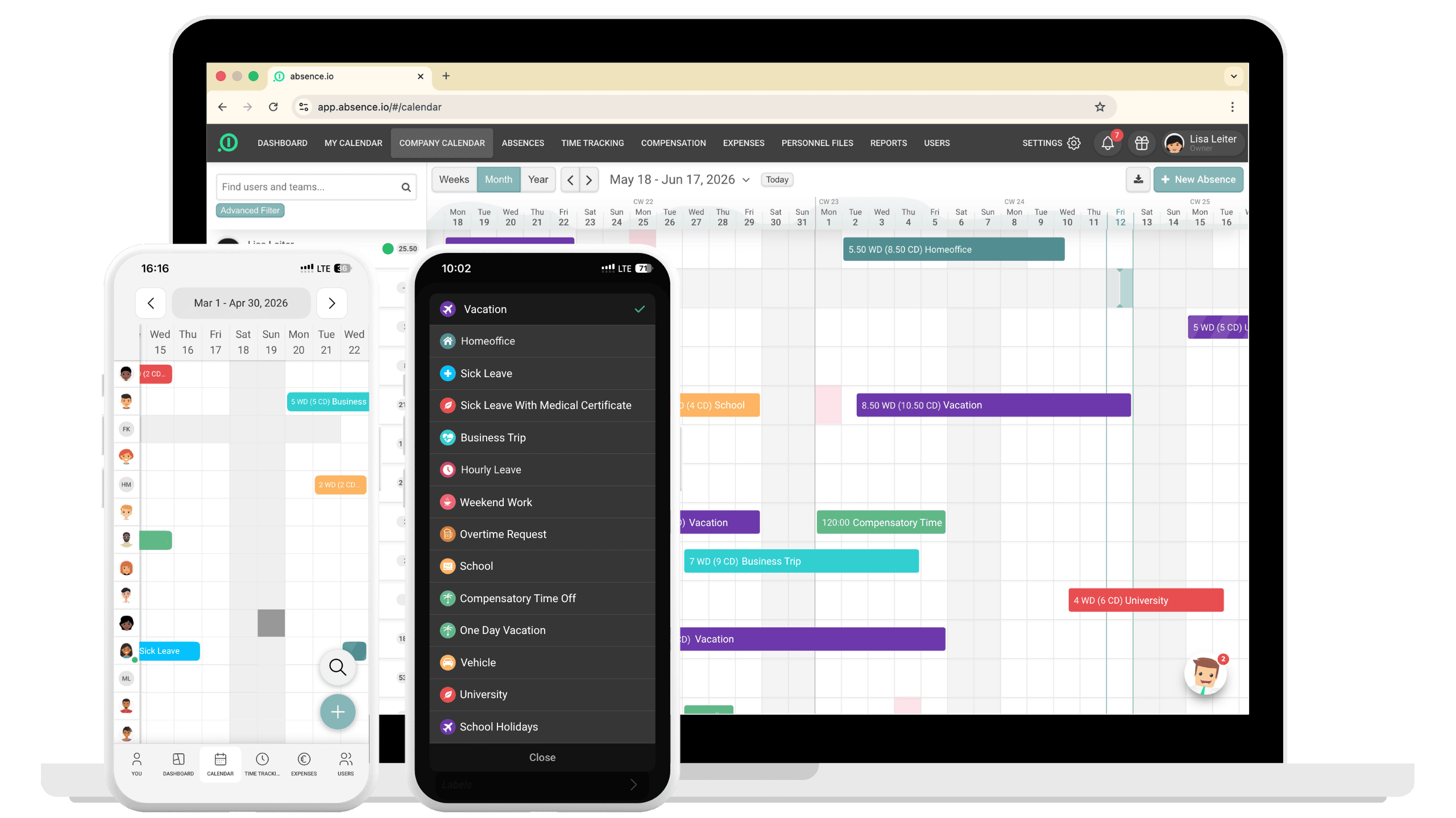 Team calendar for leave planning on desktop and smartphone with absence types in the absence.io app