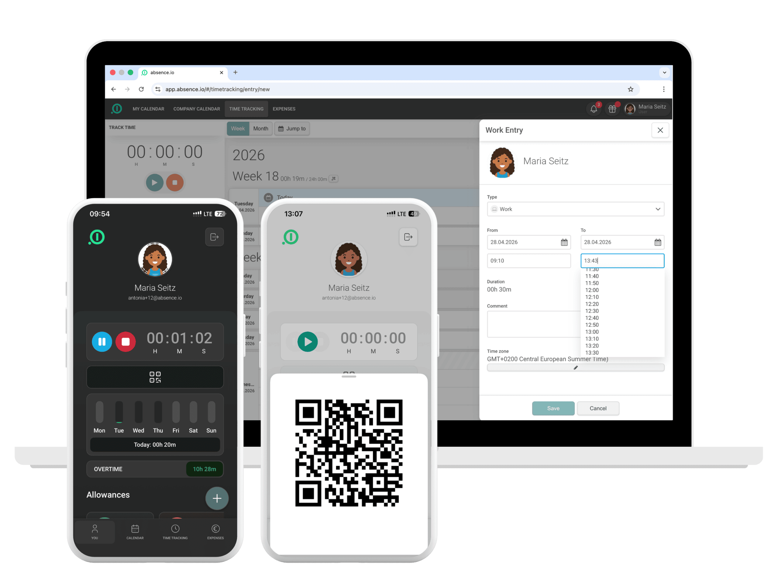 Time tracking on desktop and smartphone with stopwatch in the mobile app and QR code terminal for clocking in with absence.io