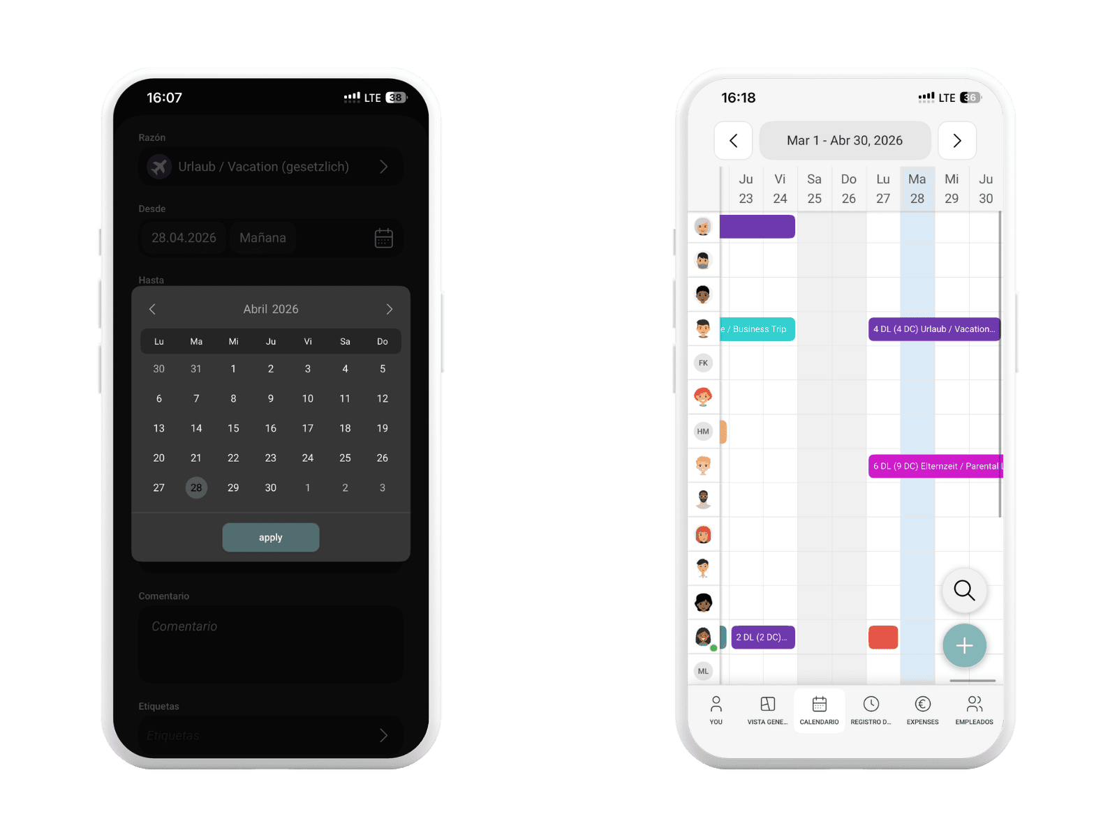 Tipos de ausencia individuales y solicitud de vacaciones sencilla en la app móvil de absence.io