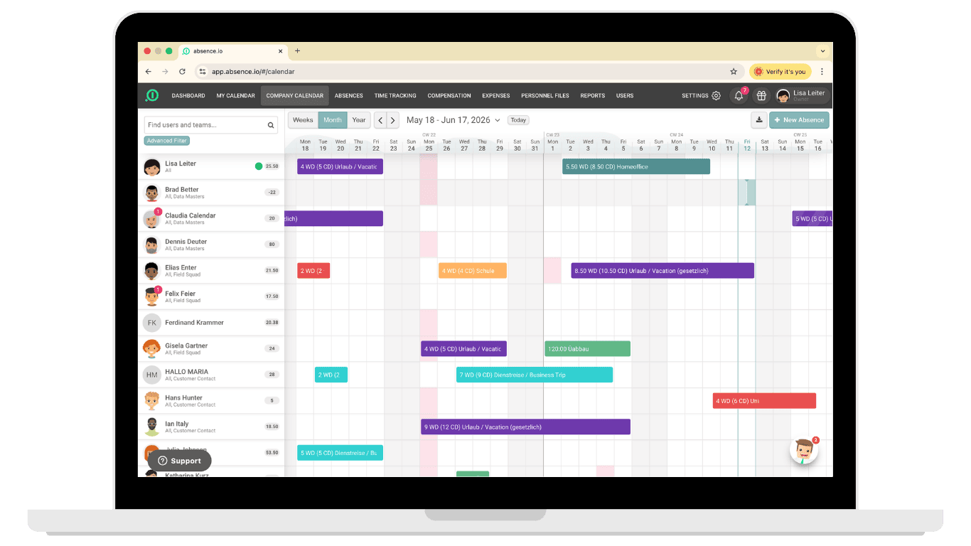 Leave request in team calendar with date selection and approval in absence.io
