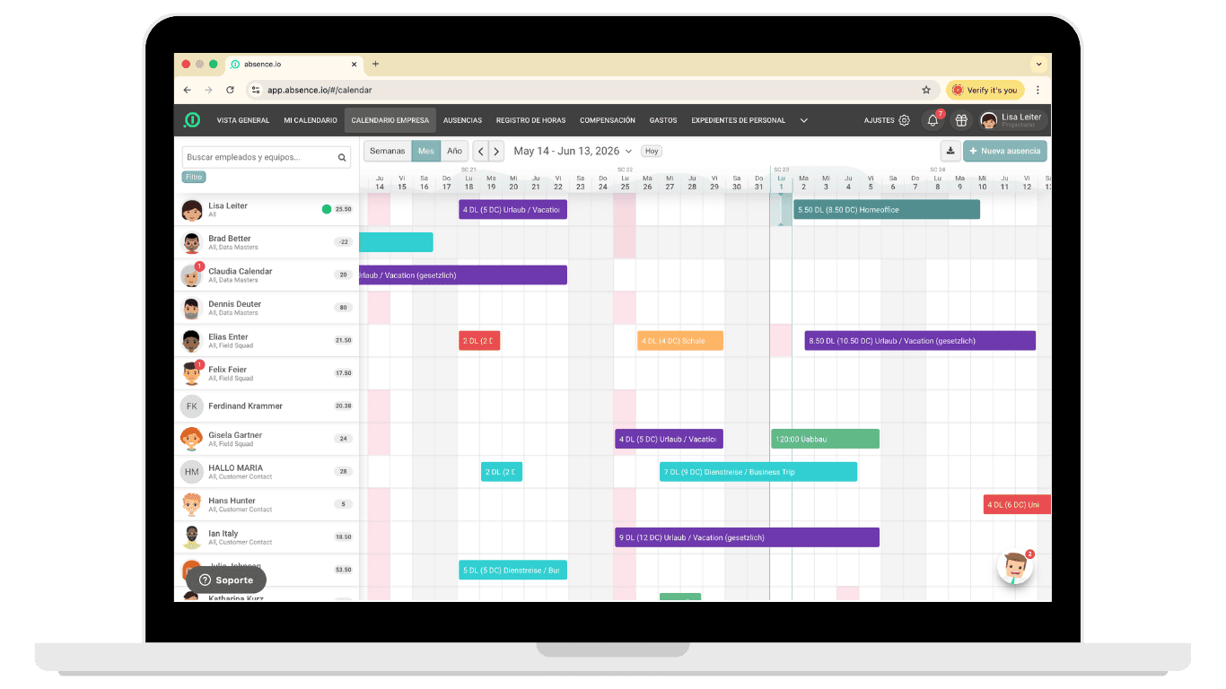 Solicitud de vacaciones en el calendario de equipo con selección de fechas y aprobación en absence.io
