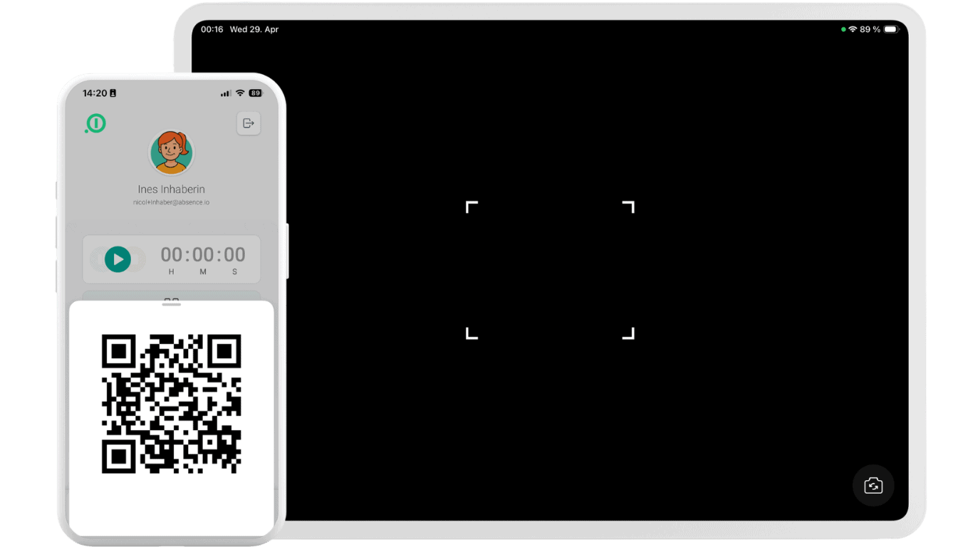 QR-Code zum Einstempeln in der absence.io Mobile App und Tablet als Stempeluhr-Terminal