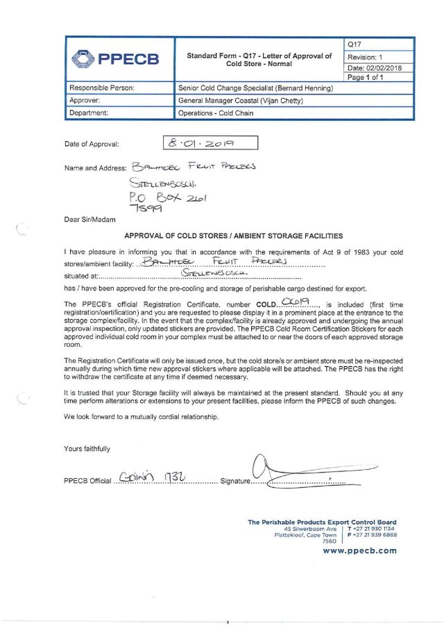 Packhouse 8 Packing - Banhoek Fruit Packers - Certificate