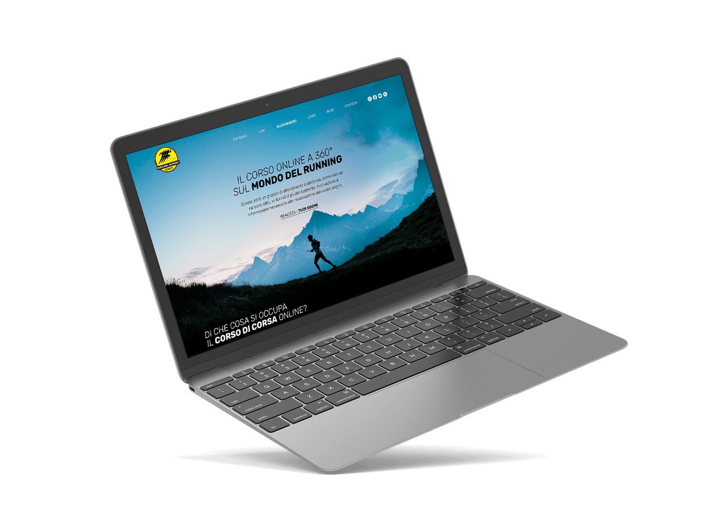 Laptop grigio sospeso nel vuoto