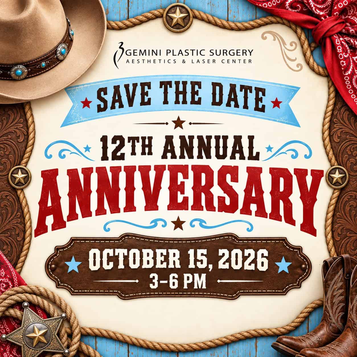 Save-the-Date announcement for Gemini Plastic Surgery’s 12th anniversary celebration, taking place October 15, 2026, from 3–6 PM.