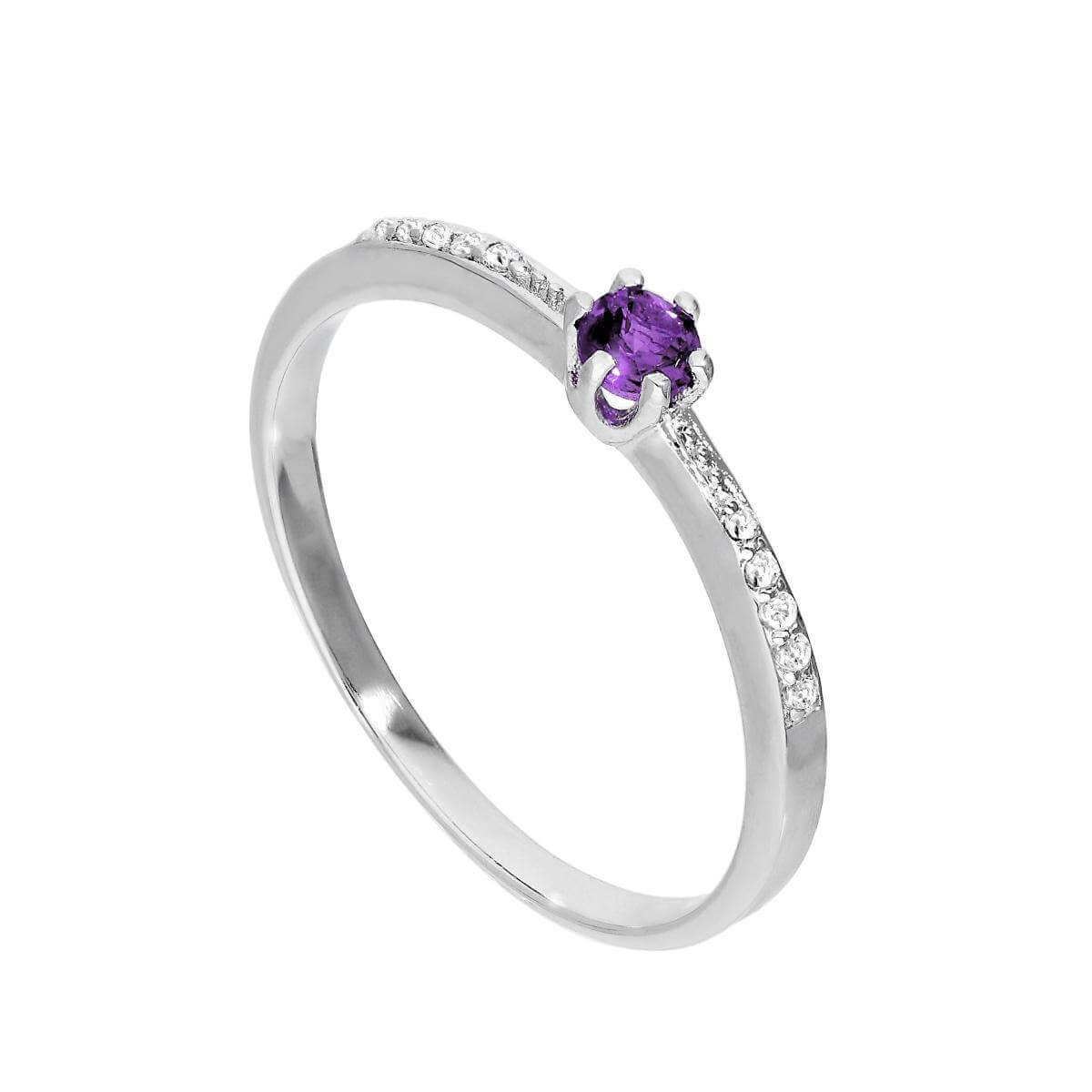Sterling Silver & Genuine Amethyst Ring w Clear CZ Crystals on Shoulders I - U