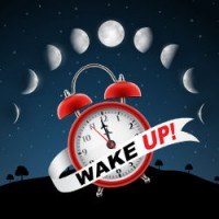 Alarm clock and banner saying wake up beneath the phases of the moon