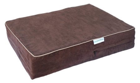 A rectangular brown memeroy foam dog bed on white background