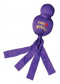 A purple knog wubber strong dog toy on a white background