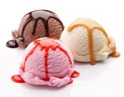 3 ice creams with sauce on white background