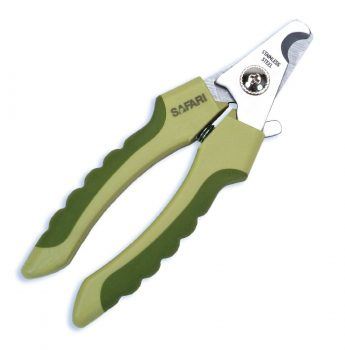 Green handled scissor style nail trimmers on white background