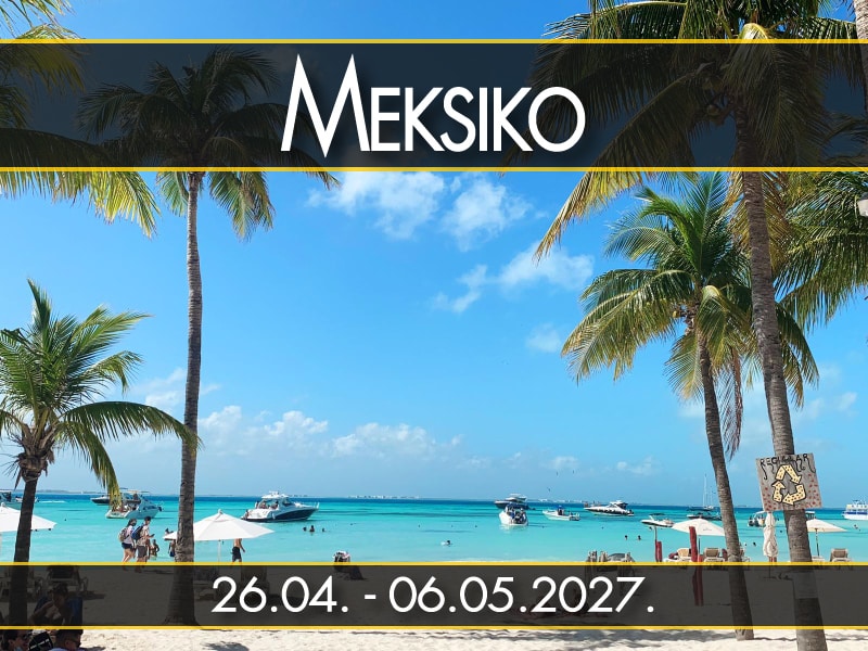 Meksiko, polazak 26.04. - 06.05.2027.: Isla Muheres plaža sa ležaljkama i tablom sa natpisom