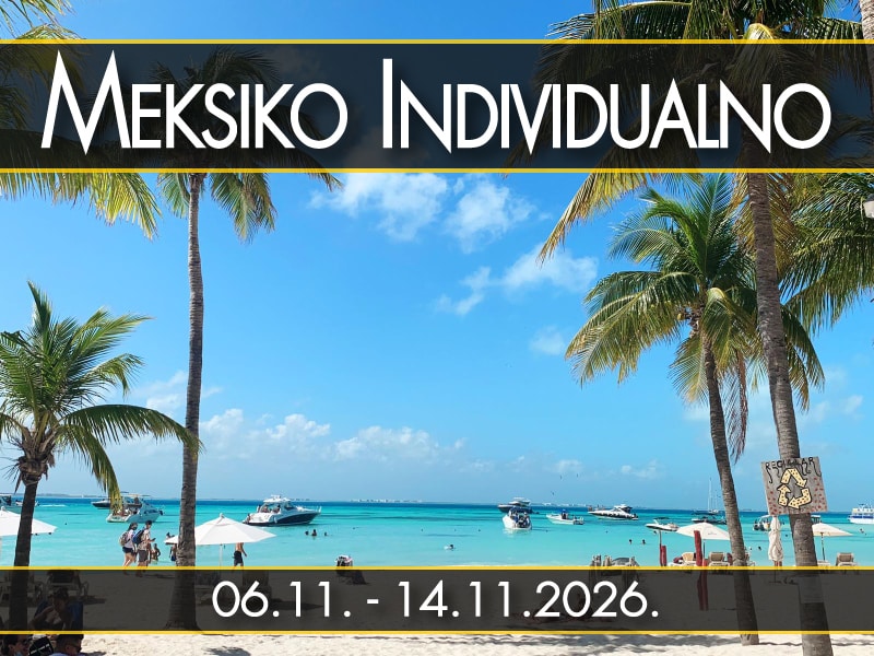 Meksiko Individualno, polazak 06.11. - 14.11.2026.: Isla Muheres plaža sa ležaljkama i tablom sa natpisom