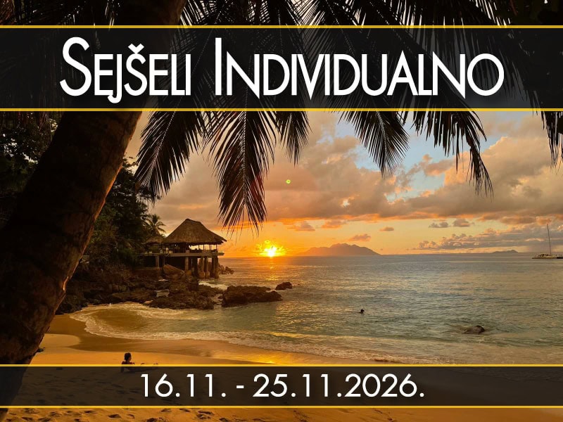 Sejšeli Individualno, polazak 16.11. - 25.11.2026.: Zalazak sunca kroz palmu, koliba i more, večernje