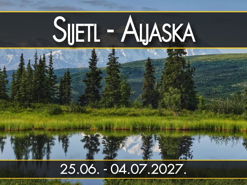 Sijetl - Aljaska, polazak 25.06. - 04.07.2027.: Denali sa cetinarima i odrazom u jezeru, upecatljiv pejzaz