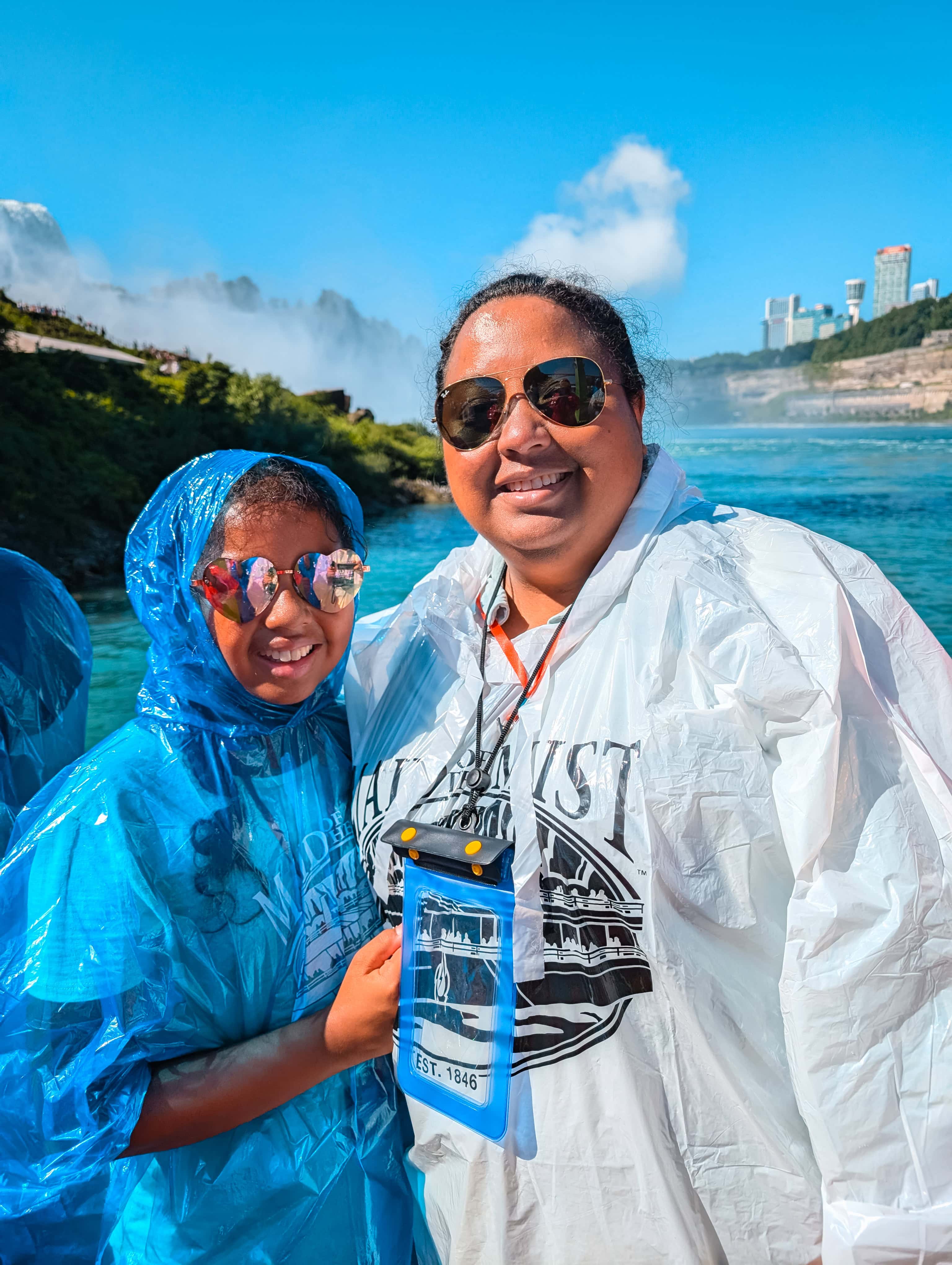 Family wearing ponchos on the Maid of the Mist boat ride at Niagara Falls 