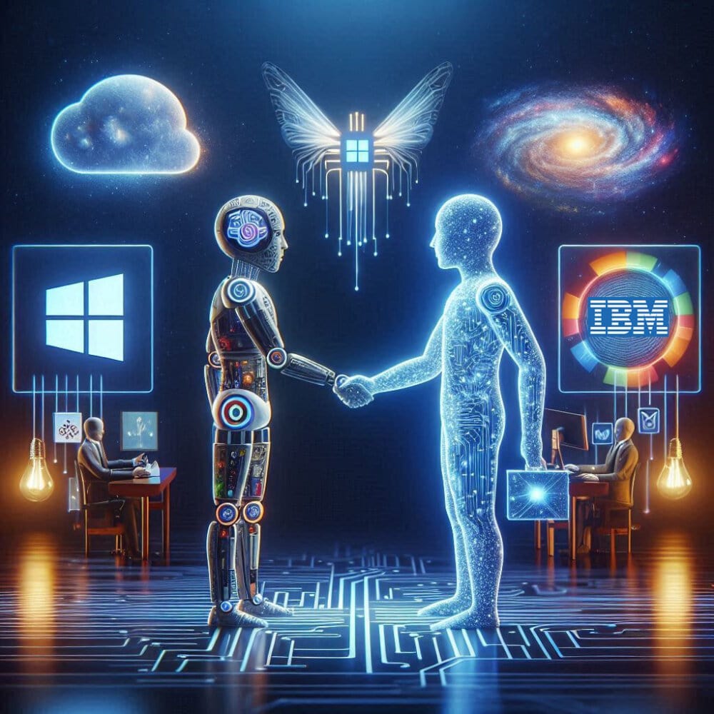 IBM Copilot AI partnership shown by two robot-style figures shaking hands with Microsoft and IBM branding