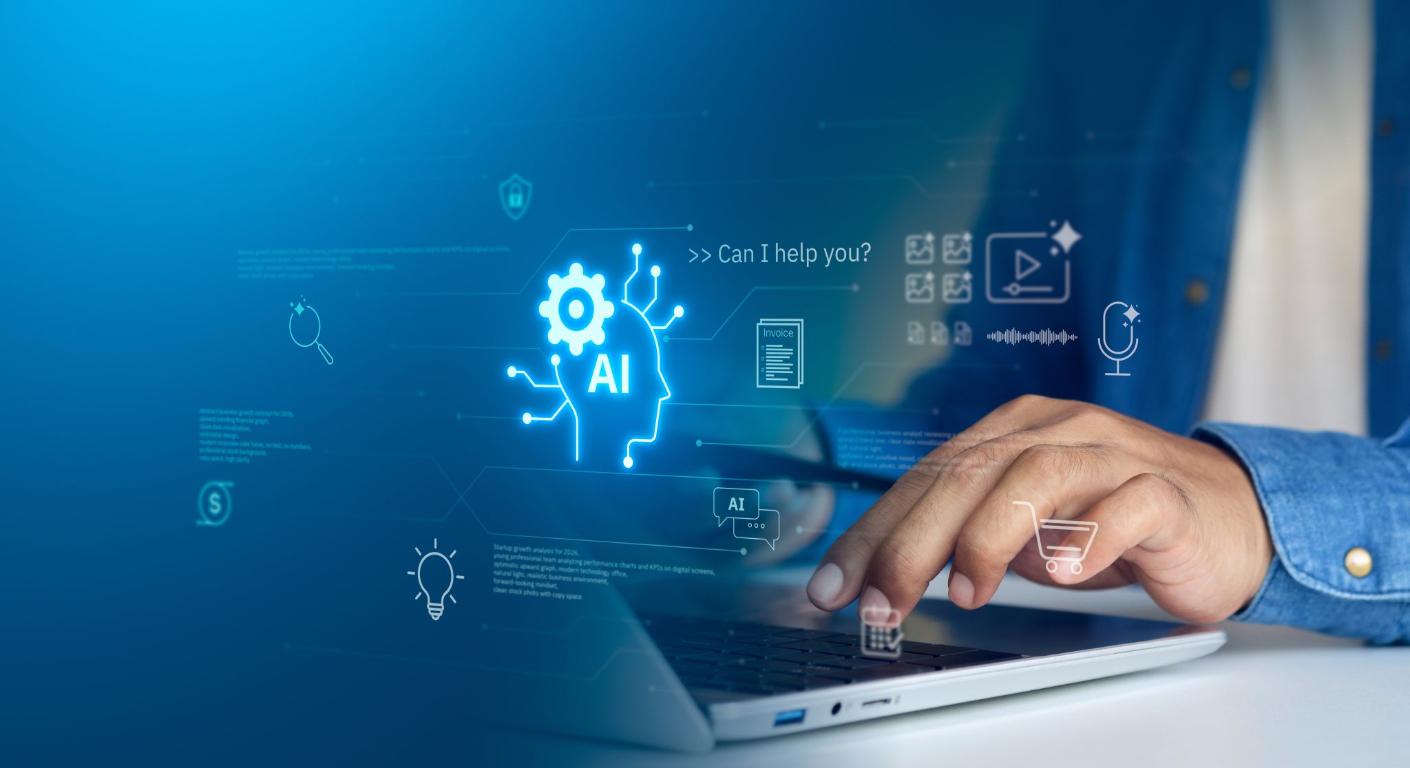 AI agent, holographic robot assistant concept, digital interface showing generative AI functions for digital business productivity, AI agent work with holographic robot interface and assistant tools
