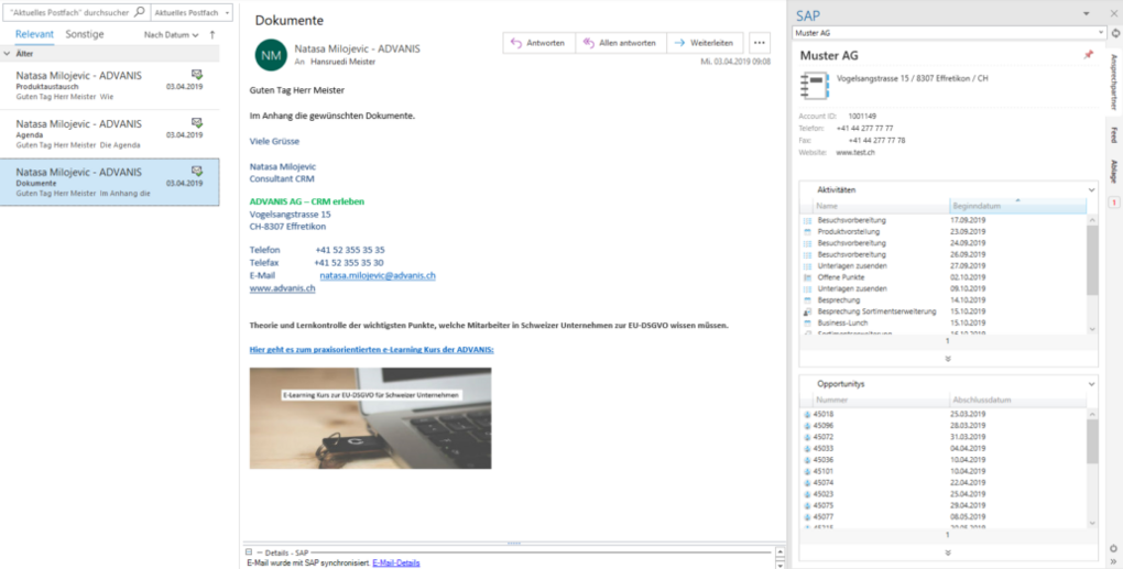 Darstellung des E-Mail-Postfachs in der SAP Sales Cloud mit Outlook