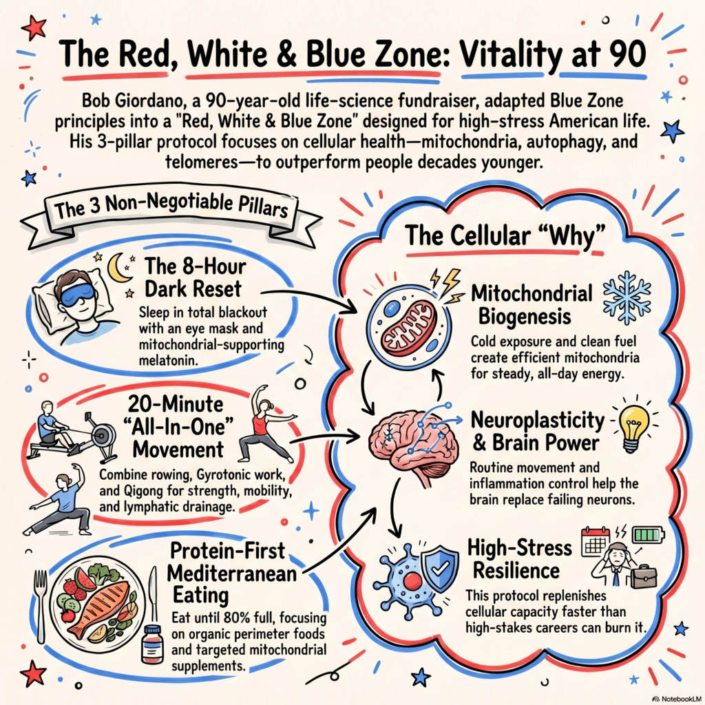 Bob Giordano’s Red, White & Blue Zone longevity infographic. Detailed guide on high-performance aging, mitochondrial health, and cellular vitality for high-stress American lifestyles, featuring sleep recovery, Qigong movement, and Mediterranean eating habits.