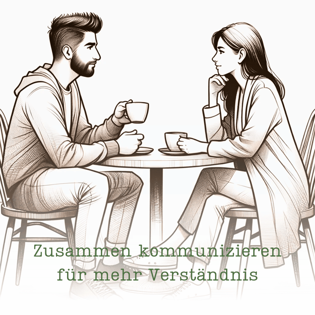 Kommunikation und Verständnis im unsicher-ambivalenten Bindungstyp stärken Illustration eines Mannes und einer Frau, die sich bei einem Kaffee am Tisch gegenüber sitzen und sich austauschen – Symbol für Kommunikation im unsicher-ambivalenten Bindungstyp.