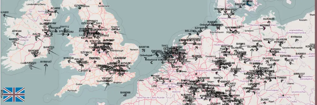 A map excerpt showing the United Kingdom and Central Europe on the casperflights flight radar 