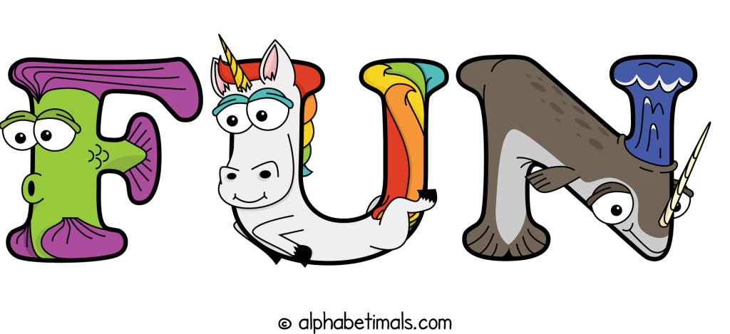 Alphabetimals spelling the word fun - Fish, Unicorn, Narwhal