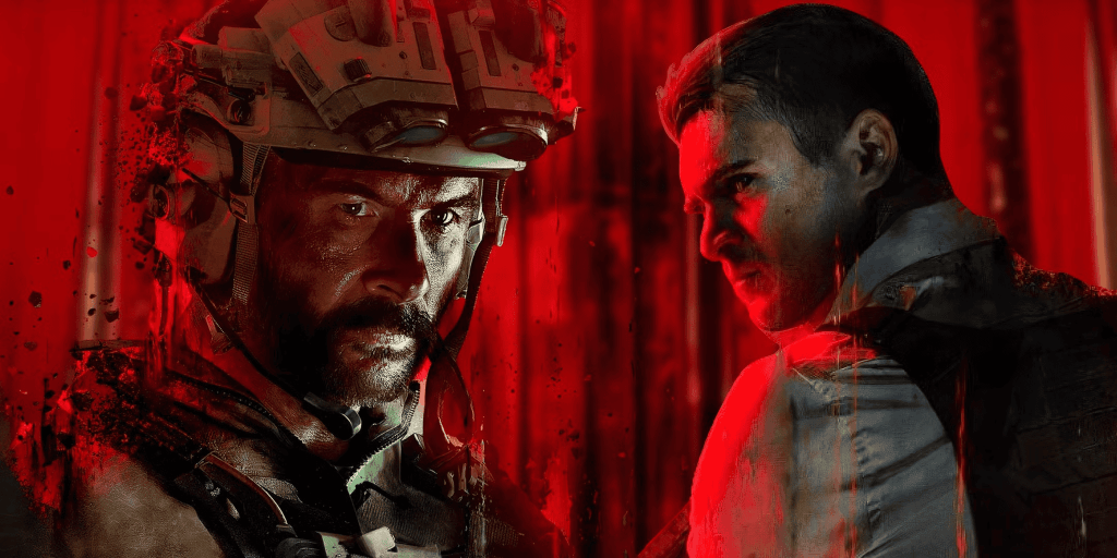 Official MWIII 2023 Artwork of Captain Price (Left) and Makarov (Right) in front of a red background