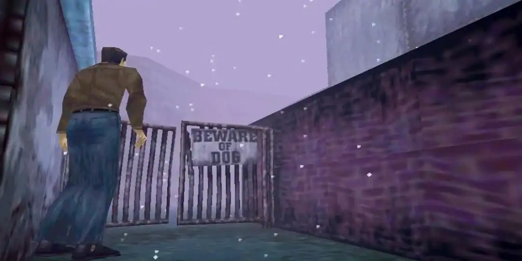 Harry Mason, protagonist of Silent hill looking at a beware of dog sign