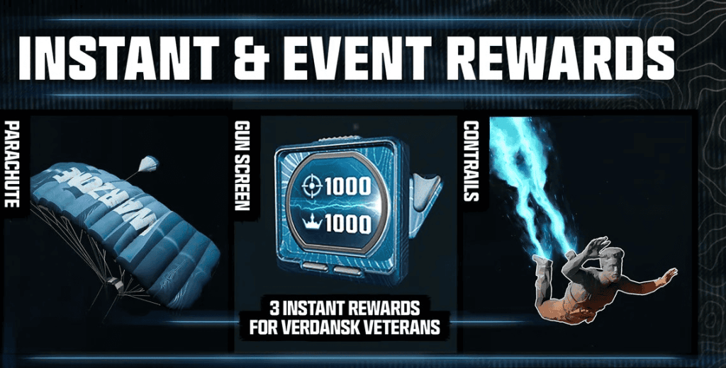 Screenshot of the "Warzone Veteran" rewards. Contrail, Gun Screen, & Parachute.