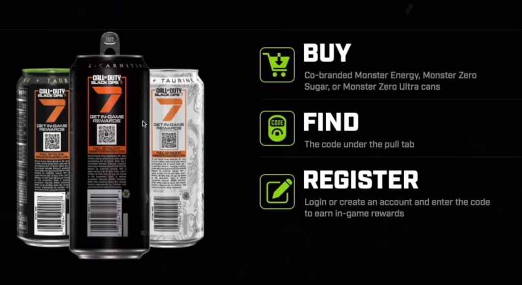 Several types of Monster Energy Cans for a promotion with Call of Duty: Black Ops 7.