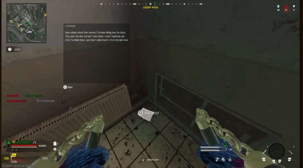 Screenshot of the intel located at the top of the stairs, next to ‘Roze was Here’ graffiti. 