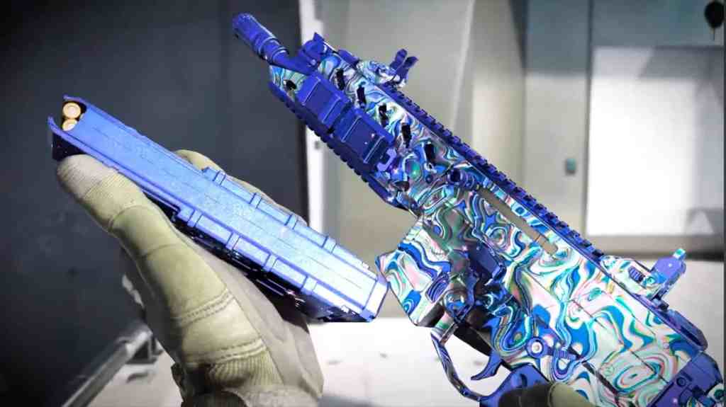 Screenshot of an operator holding a weapon with the Chroma Flux camo! Call of Duty: Black Ops 7.