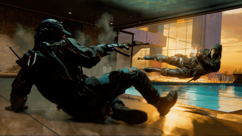 Official Black Ops 6 Screenshot of two operators using Omnimovement. One operator is sliding and shooting a weapon while the other is diving to the side and shooting a weapon in front of a pool at sunset