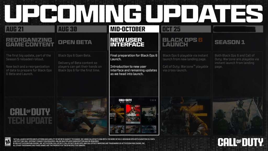 Official Upcoming Updates graphic from Call of Duty that stretches from August to October listing each update coming to Call of Duty HQ