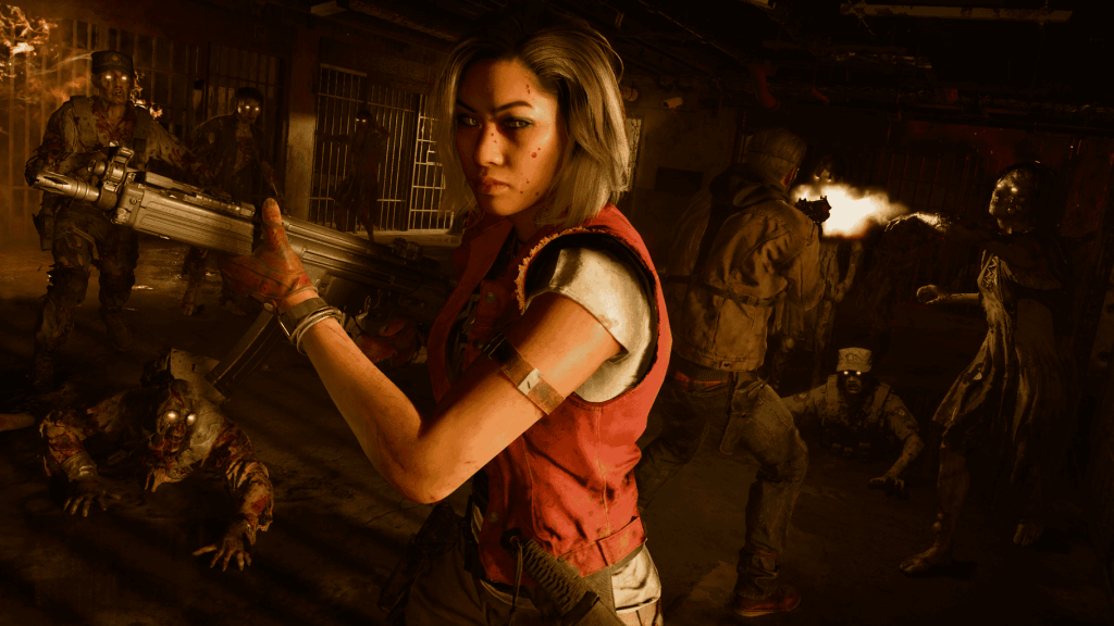 Maya from Black Ops 6 Zombies on Terminus with Weaver shooting the Zombies surrounding them