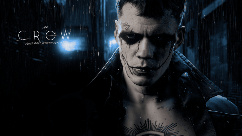 Modern Warfare III Bundle Artwork Billboard for the Tracer Pack: The Crow Operator Bundle showing Bill Skarsgard as The Crow/Eric Draven close up in the rain