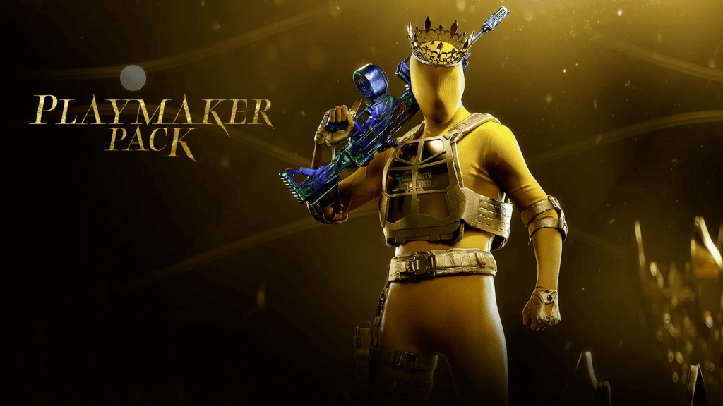 Modern Warfare III Bundle Artwork Billboard for the Playermaker Pack featuring a yellow body suit character with an armor vest on and a crown on top of their head holding a colorful weapon