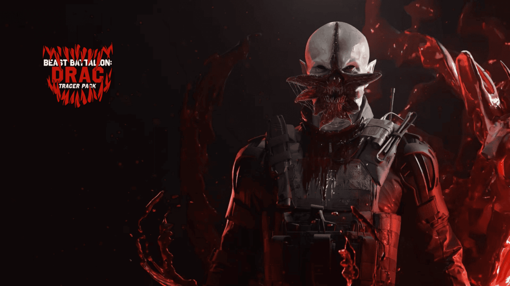 Modern Warfare III Bundle Artwork Billboard for the Tracer Pack: Beast Battalion - Drac bundle. It features the operator Drac with a creepy mouth.