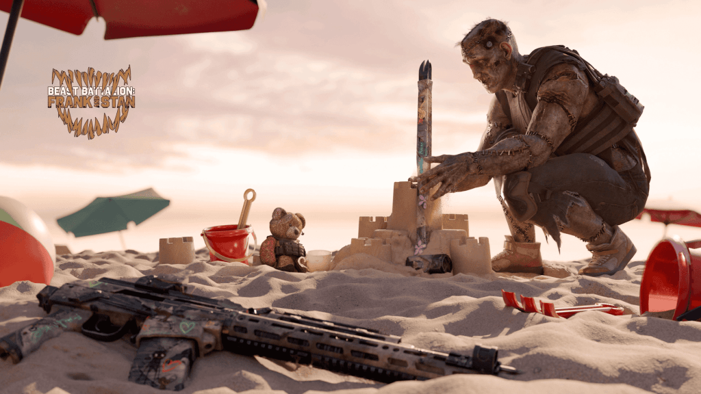 Modern Warfare III Bundle Artwork Billboard for the Beast Battalion: Frank And Stan bundle. The operator is Frank and is on a beach with a teddy bear named Sam with a Sledgehammer and weapon in the sand.