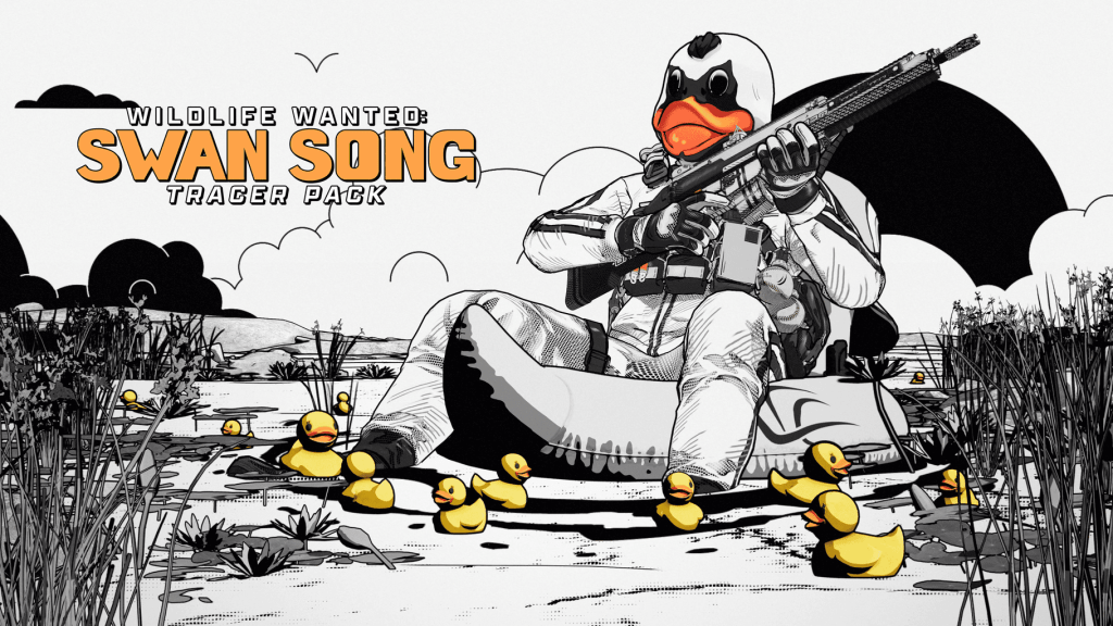 Modern Warfare III Bundle Artwork Billboard for the Tracer Pack: Wildlife Wanted: Swan Song. It features the operator of a Swan floating a pond with yellow ducks surrounding them.