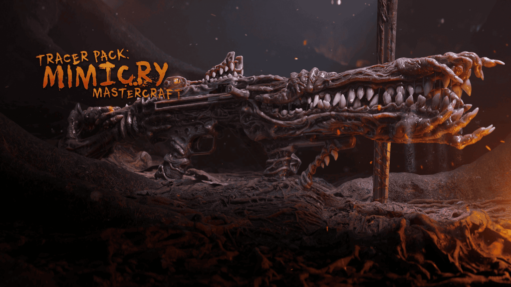 Modern Warfare III Bundle Artwork Billboard for the Tracer Pack: Mimicry Mastercraft bundle. It features the creepy-looking mimic weapon.