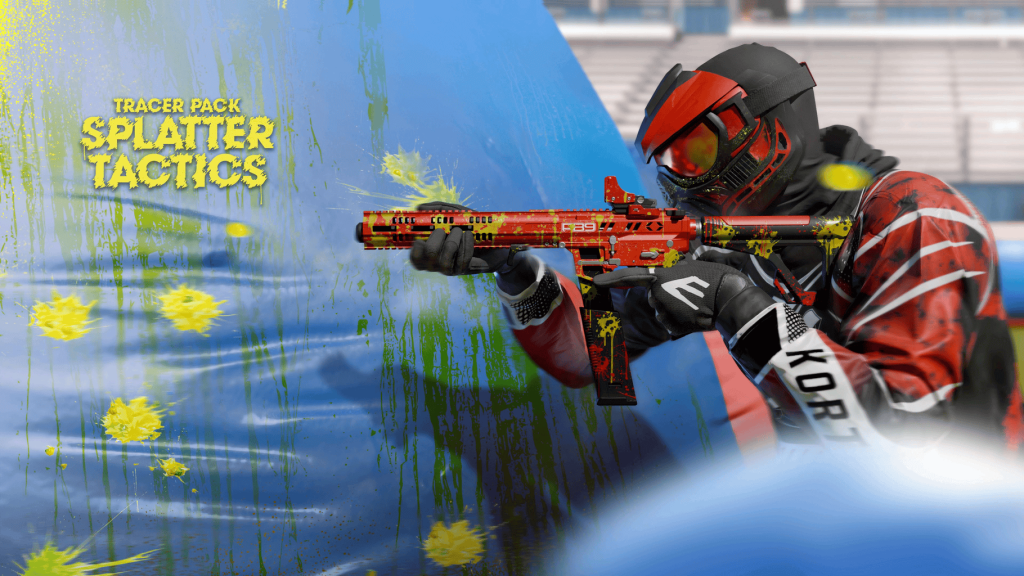 Modern Warfare III Bundle Artwork Billboard for the Tracer Pack: Splatter Tactics. It features an operator with paintballs on the wall next to him.