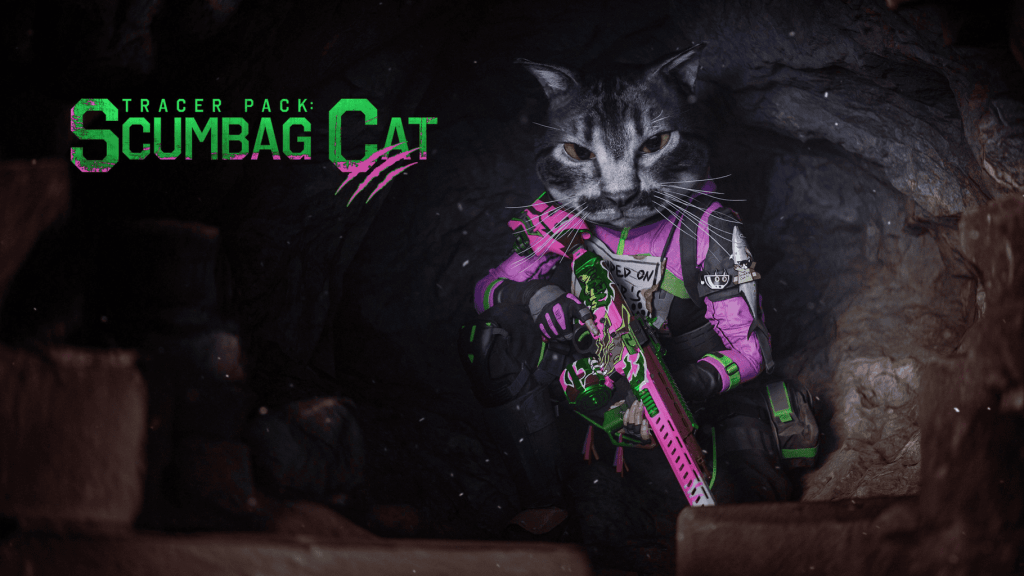 Modern Warfare III Bundle Artwork Billboard for the Tracer Pack: Scumbag Cat bundle. It features the Scumbag Cat operator inside a hold in a wall.