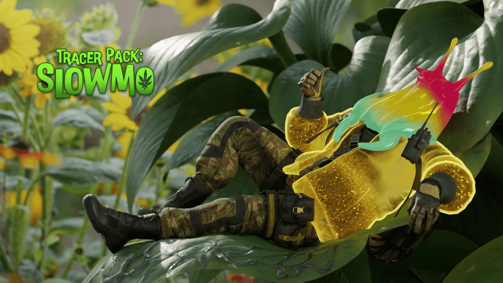 Modern Warfare III Bundle Artwork Billboard for the Tracer Pack: Slowmo bundle. It features a colorful slug operator chilling on a leaf.