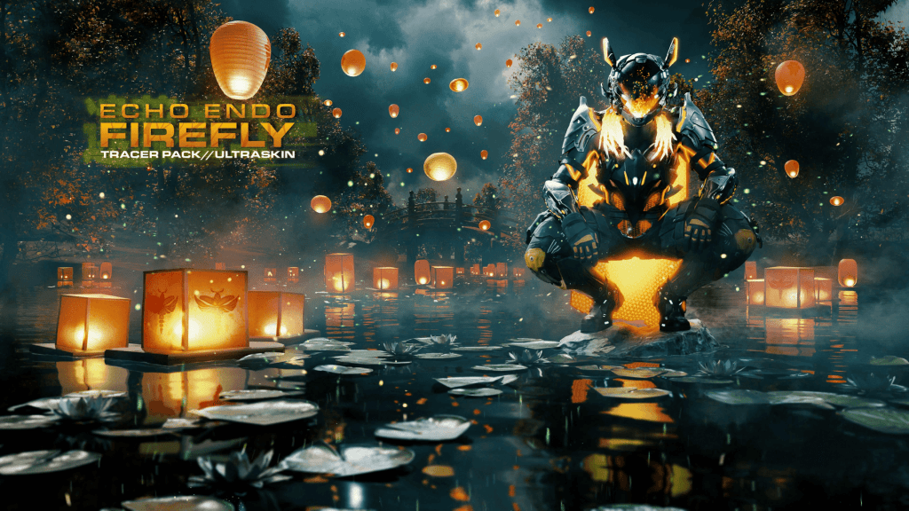 Modern Warfare III Bundle Artwork Billboard for the Tracer Pack: Echo Endo Firefly - Ultra Skin bundle. It features the Firefly skin crouched on top of a lily pond with lanterns flying behind them into the night.