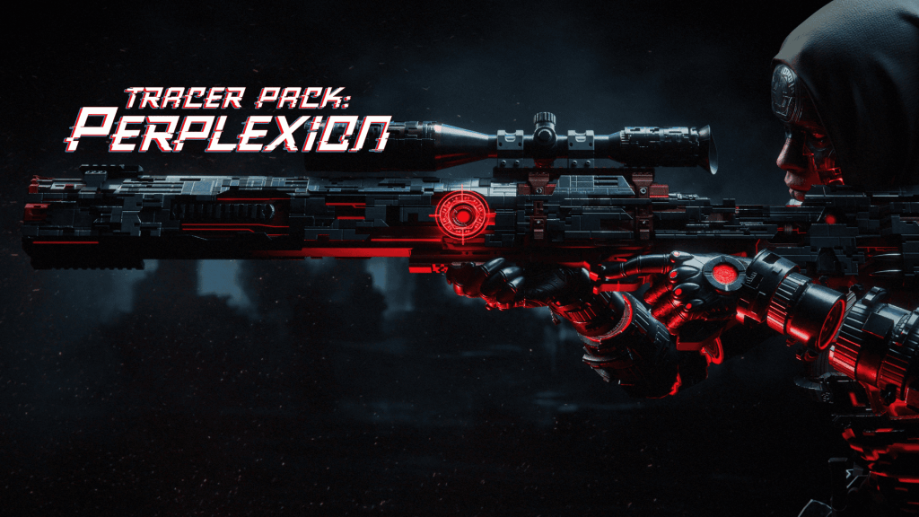 Modern Warfare III Bundle Artwork Billboard for the Tracer Pack: Perplexion bundle. It's a red and black tech themed sniper and operator holding it.