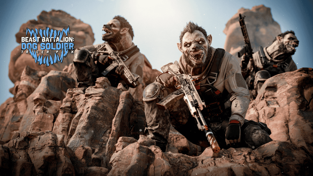 Modern Warfare III Bundle Artwork Billboard for the Tracer Pack: Beast Battalion: Dog Solider bundle. It features three Dog Solider operators on top of desert rocks in the daylight.