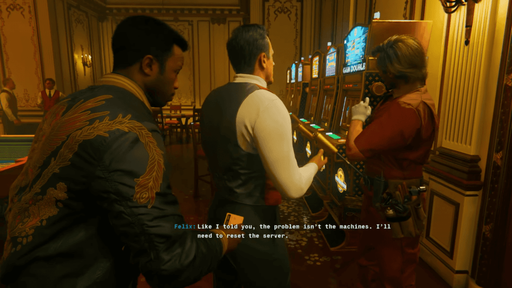 Black Ops 6 Screenshot of High Rollers of Marshall, Felix, and a Guard in front of broken slot machines