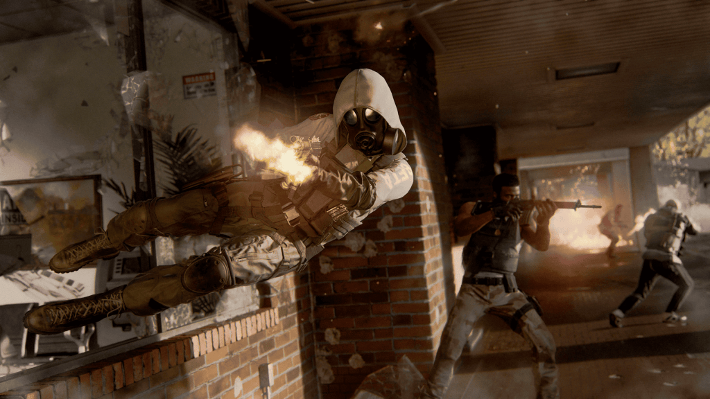 Official Black Ops 6 Image of an operator diving sideways through a window on Rewind with three operators behind them